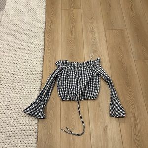 Off shoulder blue white checkered blouse